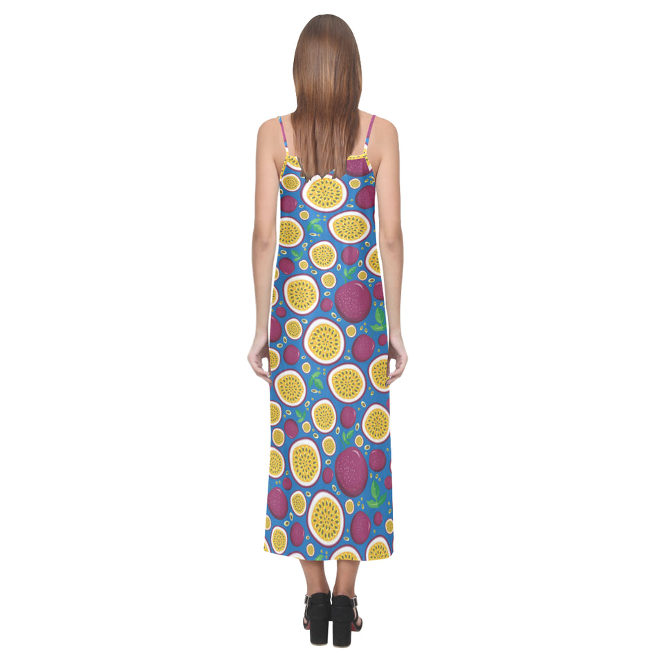 Passion fruit blue background V-Neck Open Fork Long Dress