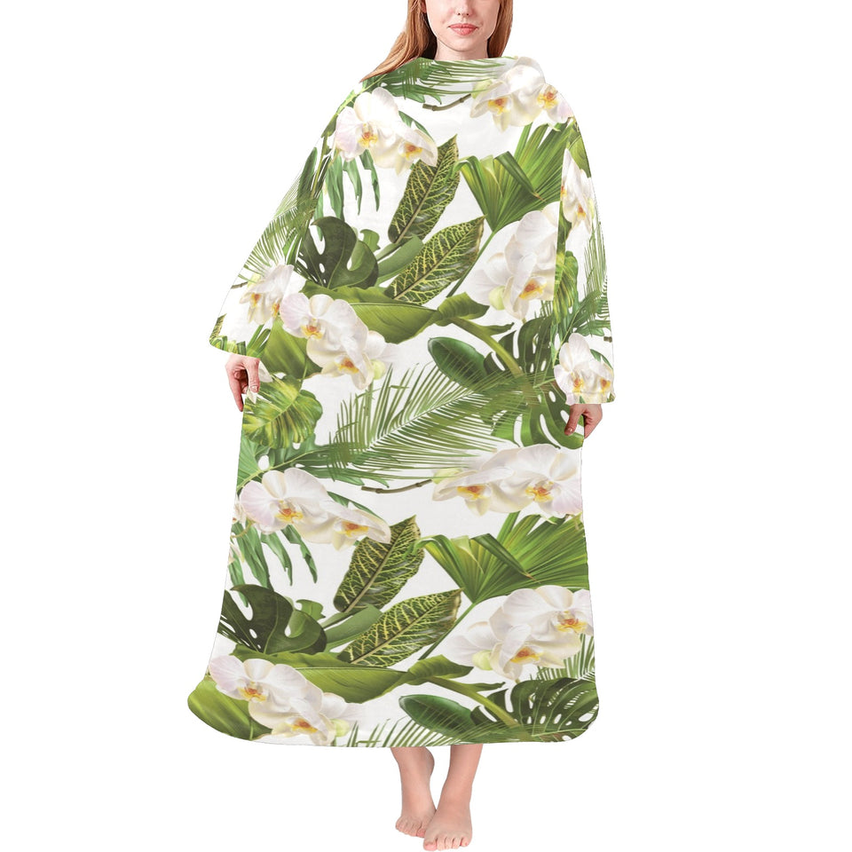 White orchid flower tropical leaves pattern Blanket Robe with Sleeves