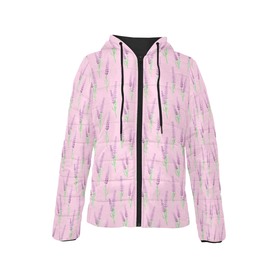 Lavender pattern pink background Women's Padded Hooded Jacket