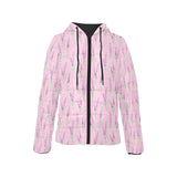 Lavender pattern pink background Women's Padded Hooded Jacket