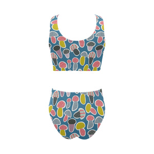 Colorful mushroom design pattern Chest Bowknot High Waisted Bikini Swimsuit