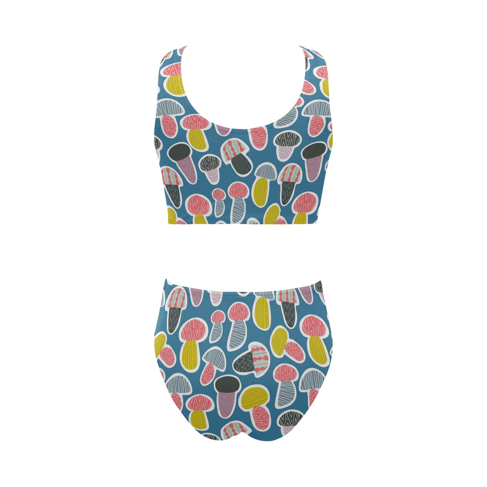 Colorful mushroom design pattern Chest Bowknot High Waisted Bikini Swimsuit