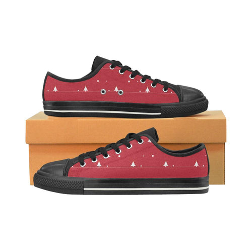 Christmas tree star snow red background Kids' Boys' Girls' Low Top Canvas Shoes Black