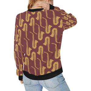 Hand drawn gold saxophone red background Women's Crew Neck Sweatshirt