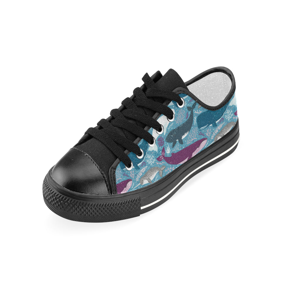 Whale design pattern Women's Low Top Canvas Shoes Black