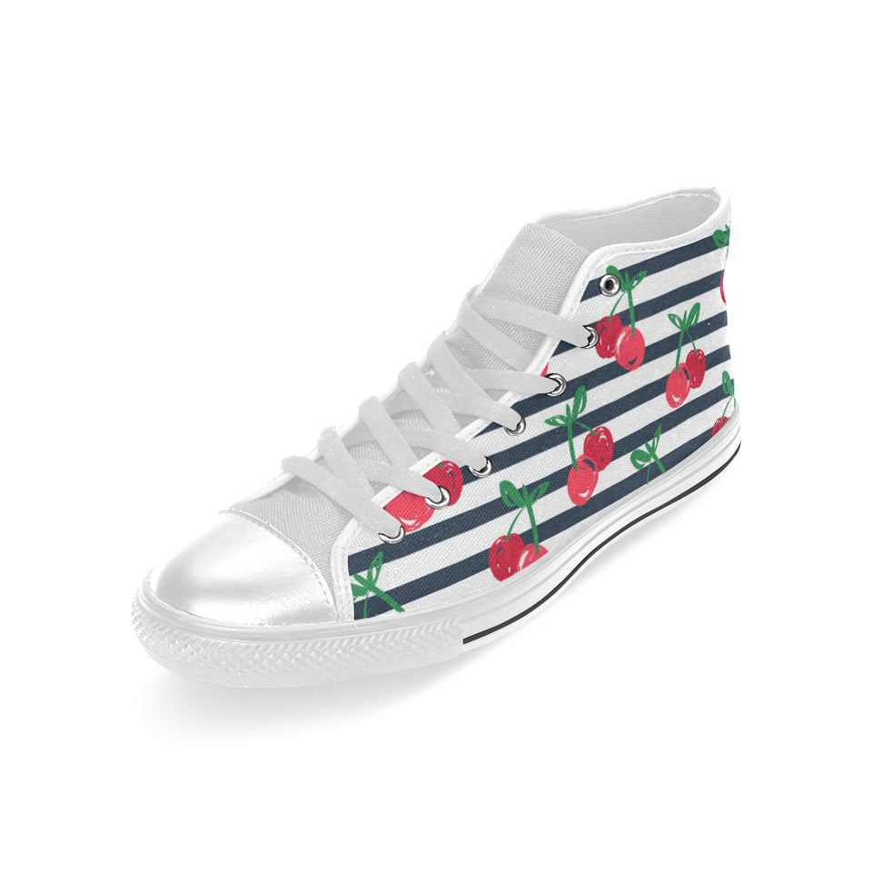 Hand drawn cherry pattern striped background Men's High Top Canvas Shoes White