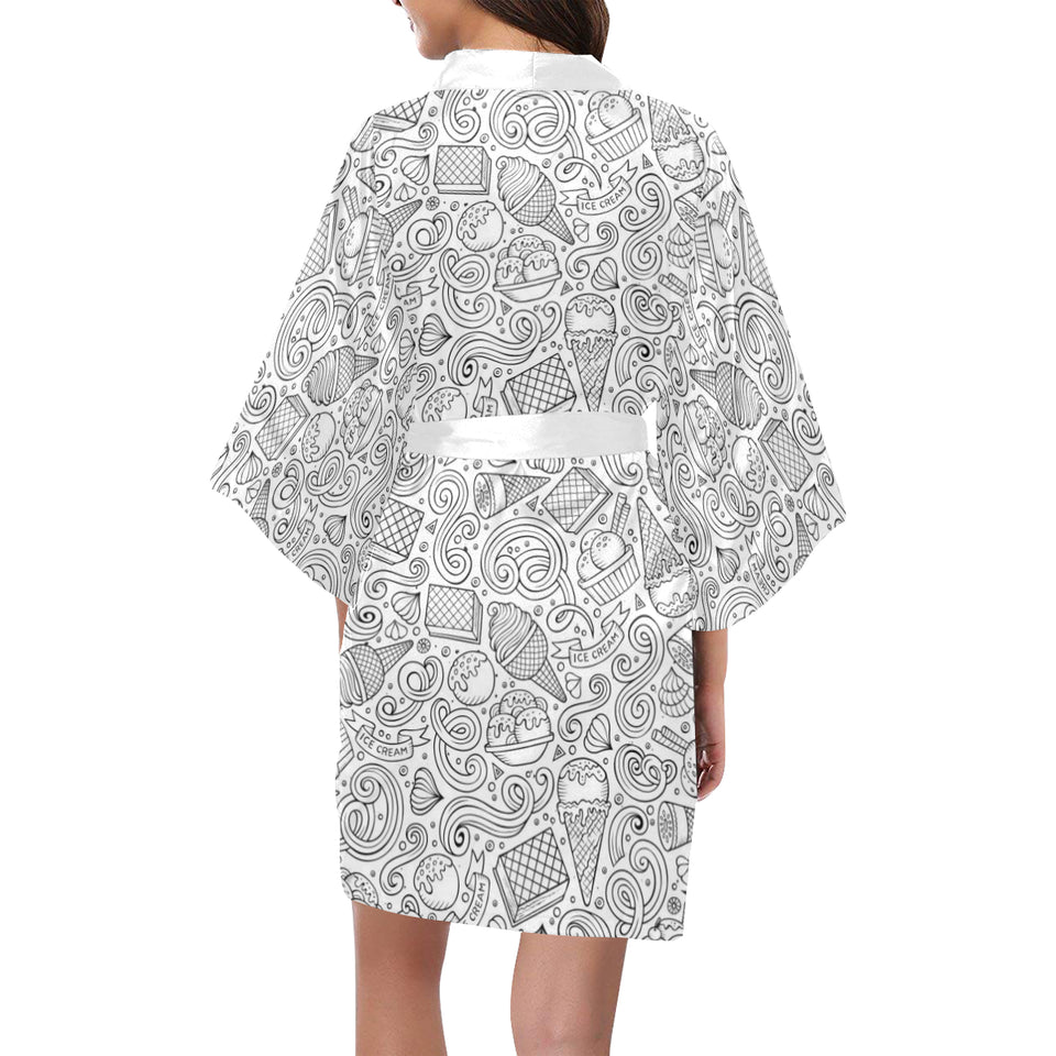 Cartoon hand drawn ice cream black white Women's Short Kimono Robe