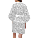 Cartoon hand drawn ice cream black white Women's Short Kimono Robe