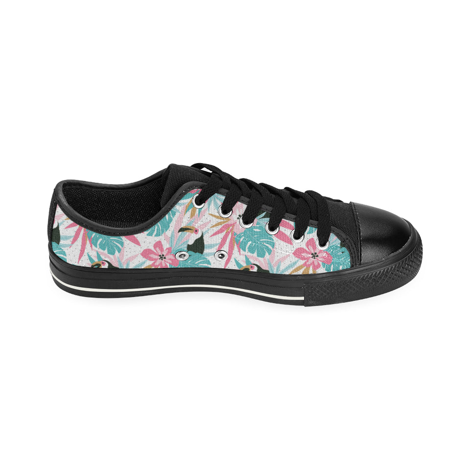 Toucan tropical flower leave pattern Men's Low Top Canvas Shoes Black