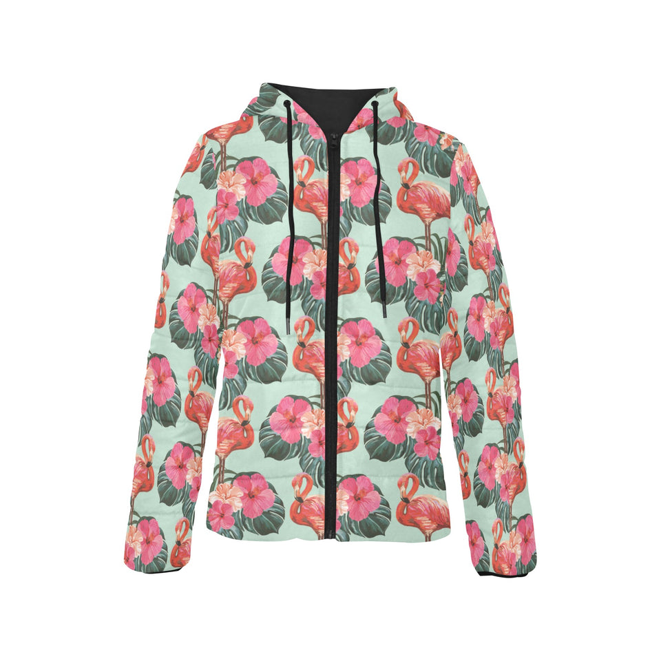Beautiful flamingo tropical palm leaves hibiscus p Women's Padded Hooded Jacket