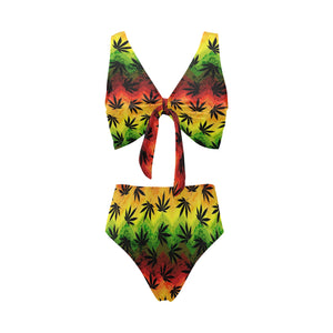 Canabis Marijuana Weed Pattern Print Design 03 Chest Bowknot High Waisted Bikini Swimsuit