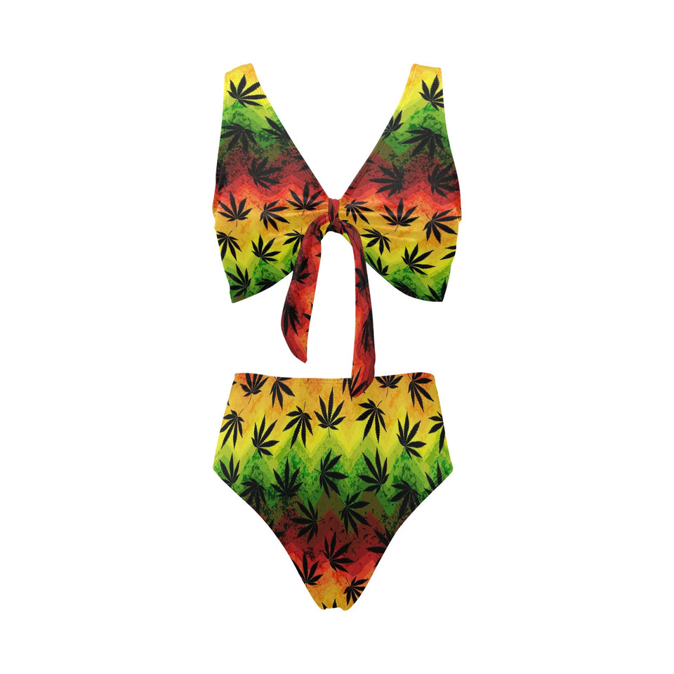 Canabis Marijuana Weed Pattern Print Design 03 Chest Bowknot High Waisted Bikini Swimsuit