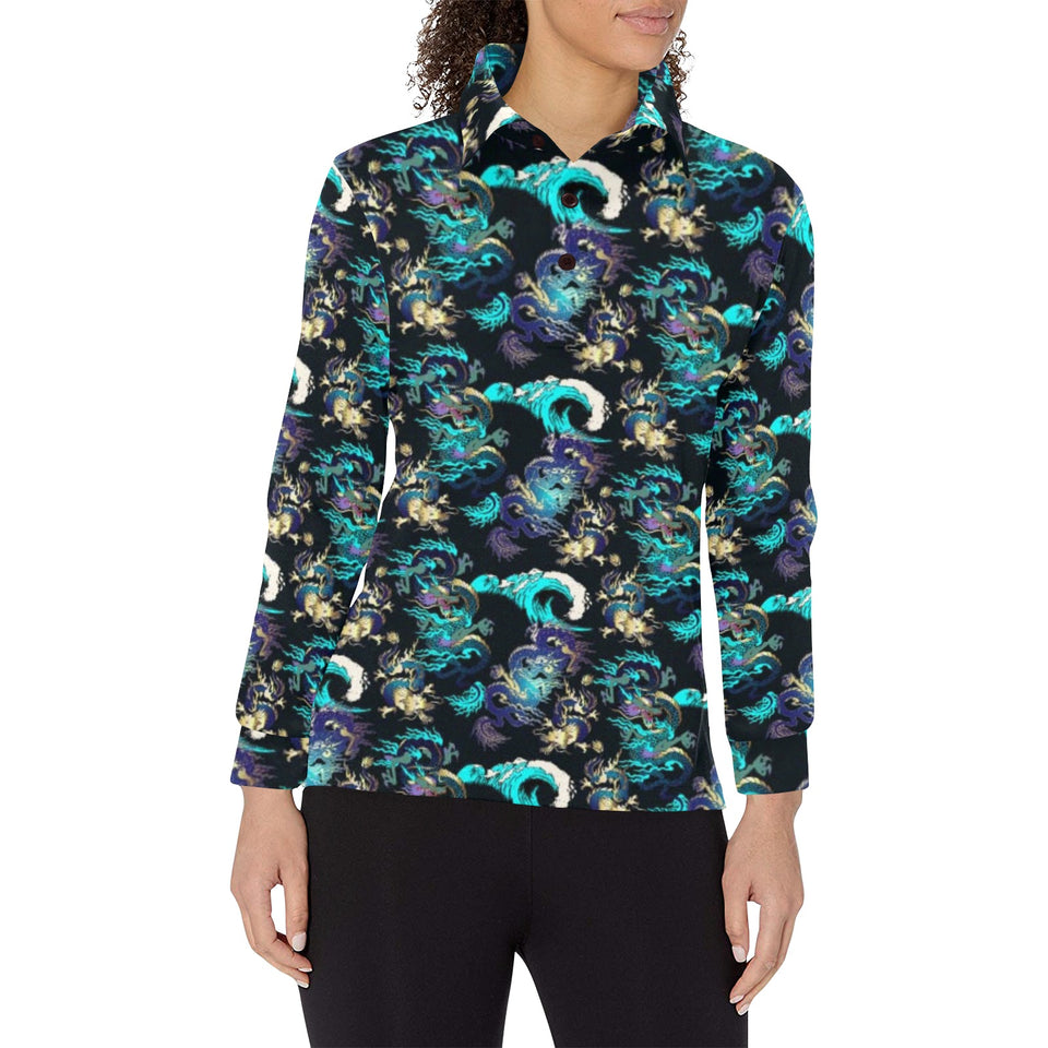 Dragon sea wave pattern Women's Long Sleeve Polo Shirt