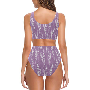 Lavender flowers purple pattern Chest Bowknot High Waisted Bikini Swimsuit