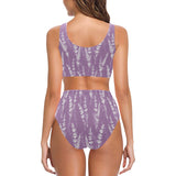 Lavender flowers purple pattern Chest Bowknot High Waisted Bikini Swimsuit