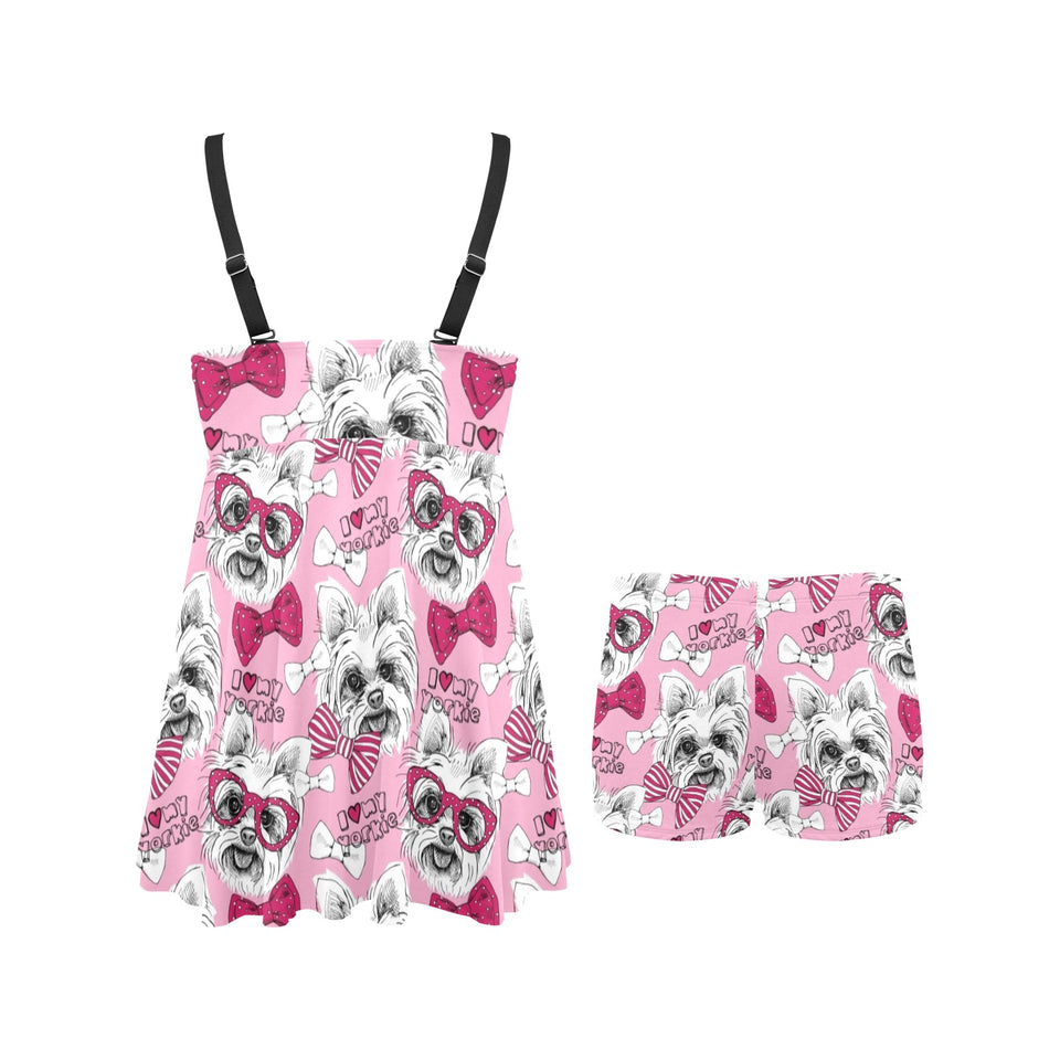 Yorkshire Terrier Pattern Print Design 03 Chest Sexy Pleated Two Piece Swim Dress