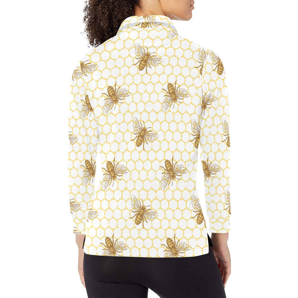 Bee honeycomb seamless design pattern Women's Long Sleeve Polo Shirt