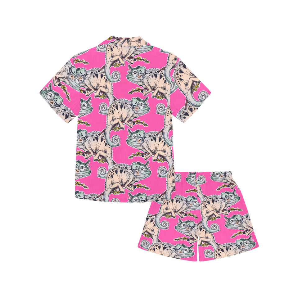 Chameleon lizard pattern pink background Kids' Boys' Girls' V-Neck Short Pajama Set