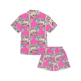 Chameleon lizard pattern pink background Kids' Boys' Girls' V-Neck Short Pajama Set