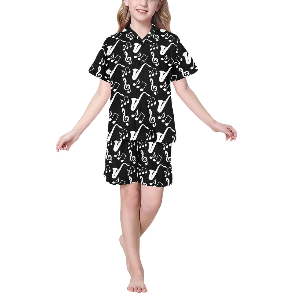 Saxophone music notes treble clef black white them Kids' Boys' Girls' V-Neck Short Pajama Set