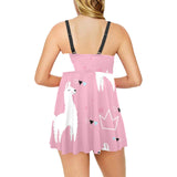 Llama Alpaca pink background Chest Sexy Pleated Two Piece Swim Dress