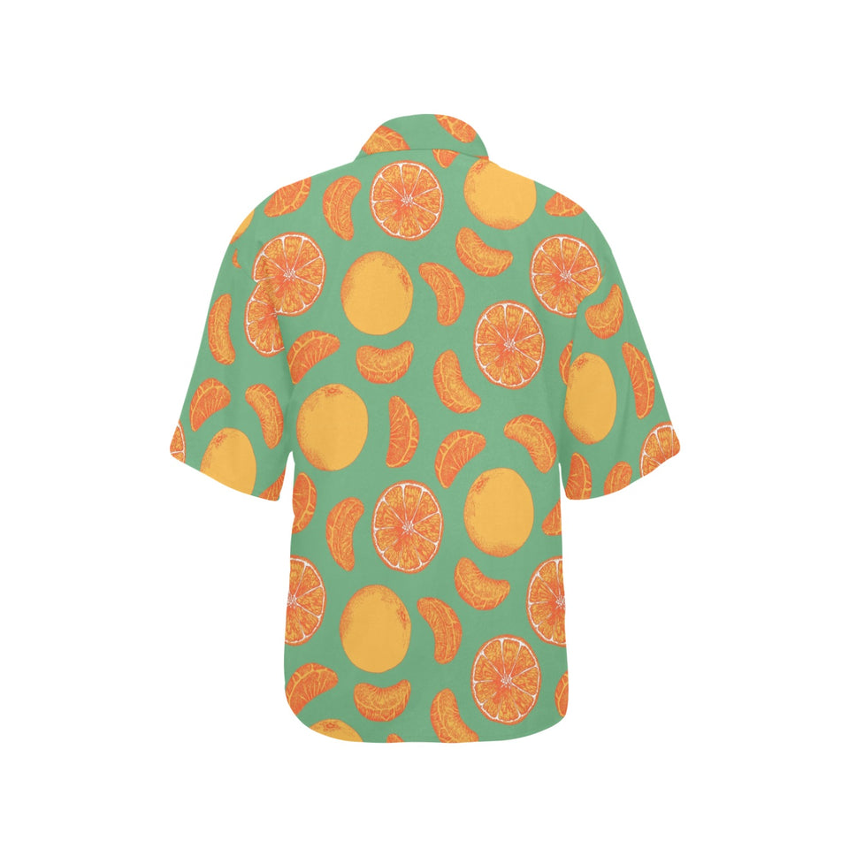 orange fruit pattern green background Women's All Over Print Hawaiian Shirt