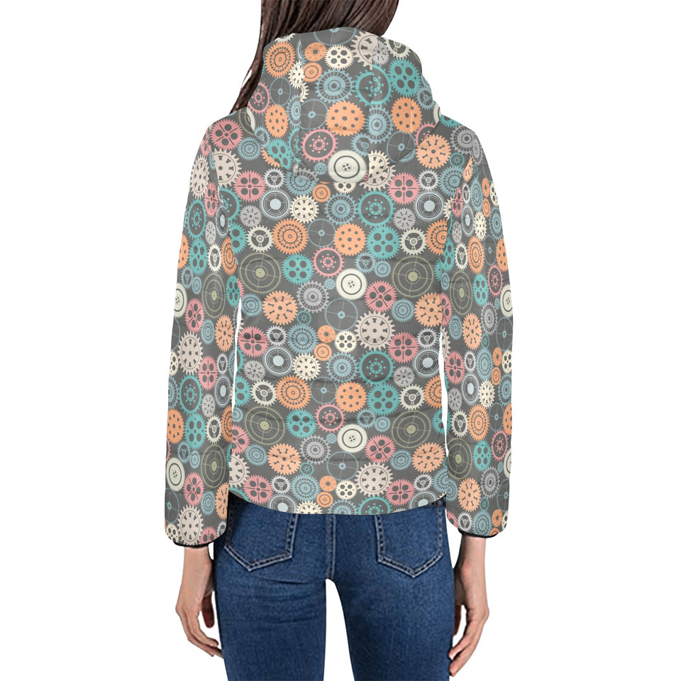 Gear Pattern Print Design 05 Women's Padded Hooded Jacket