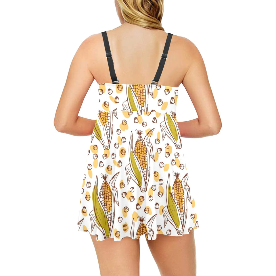 Corn Pattern Print Design 02 Chest Sexy Pleated Two Piece Swim Dress