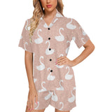 Swan flower light pink background Women's V-Neck Short Pajama Set