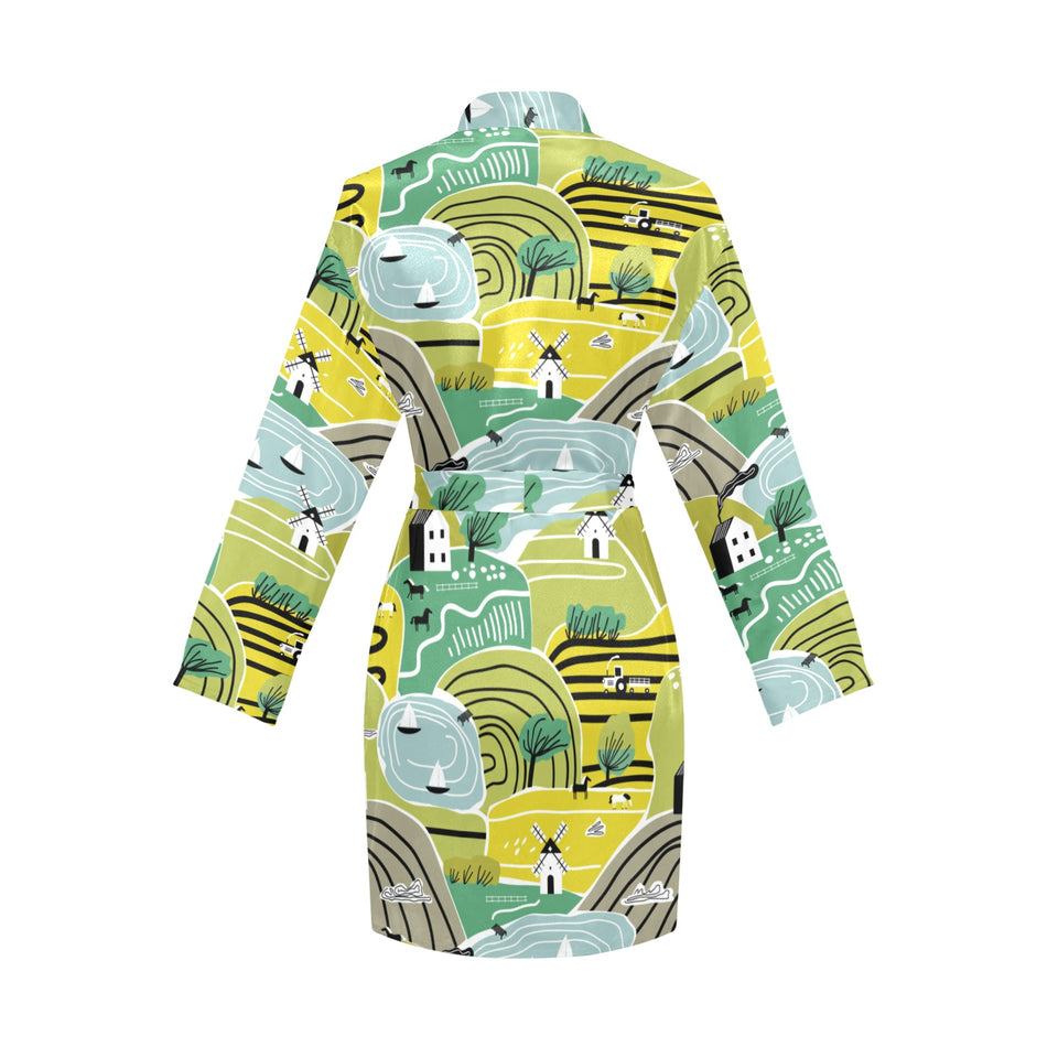 Hand drawn windmill pattern Women's Long Sleeve Belted Night Robe