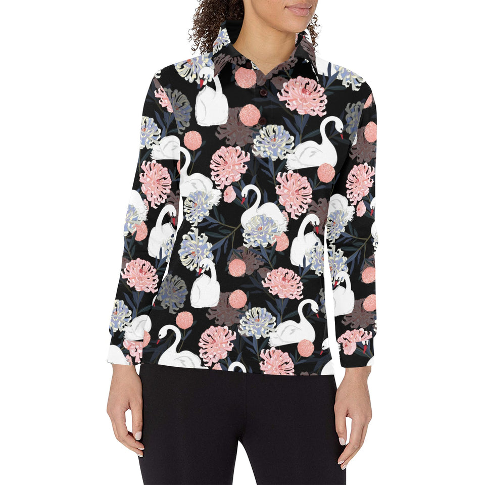 white swan blooming flower pattern Women's Long Sleeve Polo Shirt