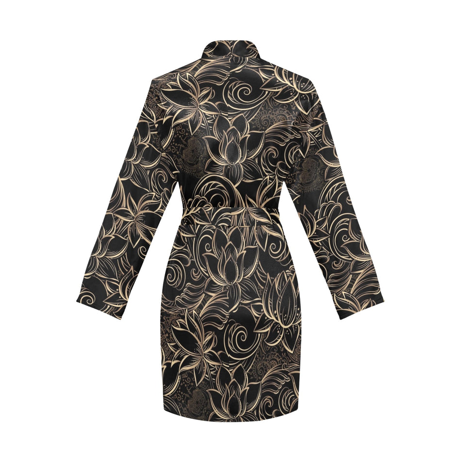 luxurious gold lotus waterlily black background Women's Long Sleeve Belted Night Robe