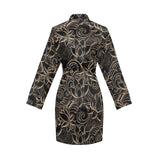luxurious gold lotus waterlily black background Women's Long Sleeve Belted Night Robe