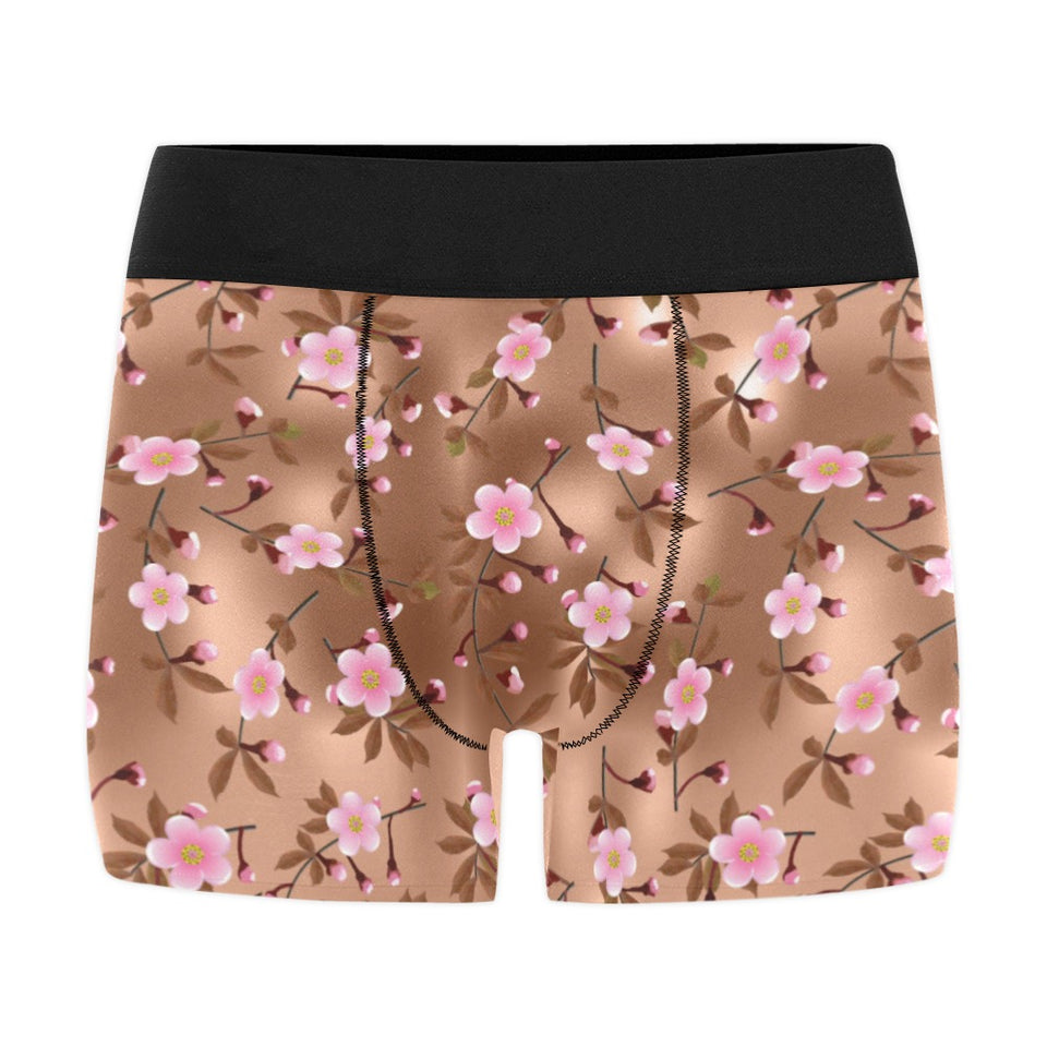 Pink sakura cherry blossom drak brown background Men's All Over Print Boxer Briefs Men's Underwear