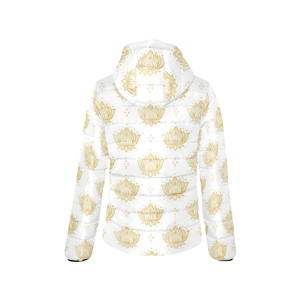 Gold Ornamental lotue waterlily symbol pattern Women's Padded Hooded Jacket