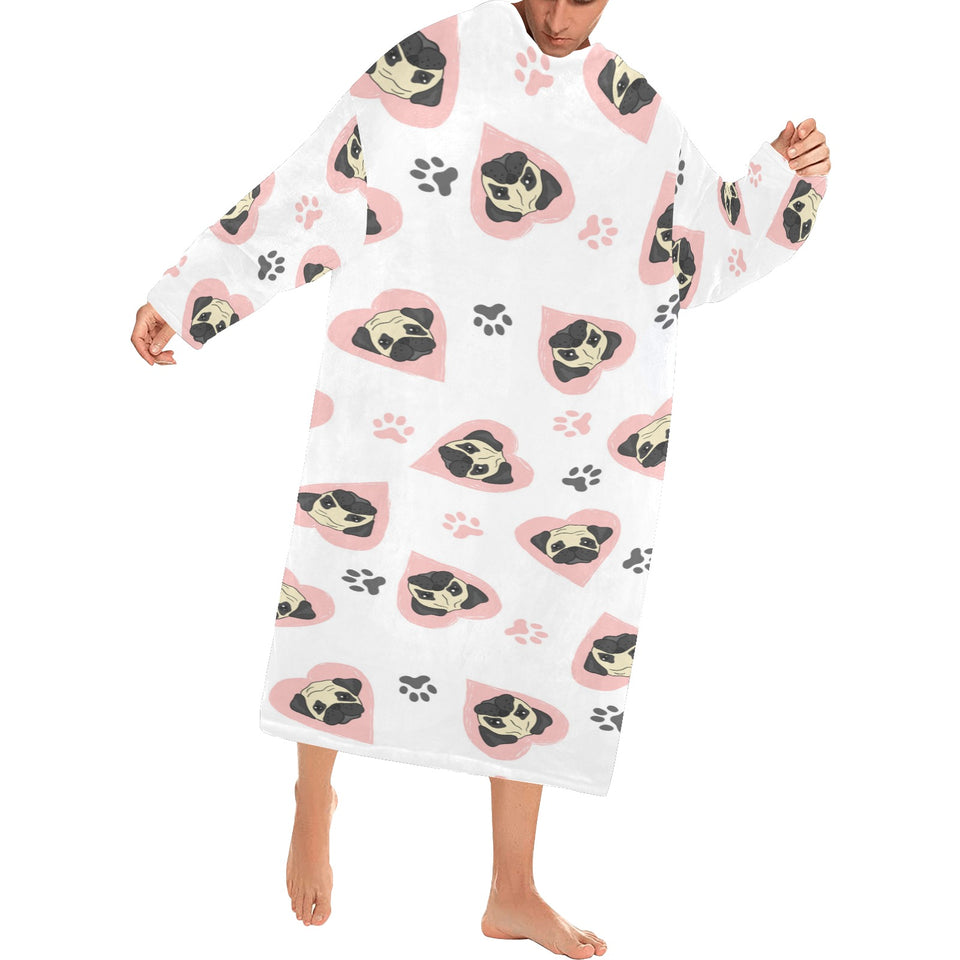Cute pugs pink heart paw pattern Blanket Robe with Sleeves
