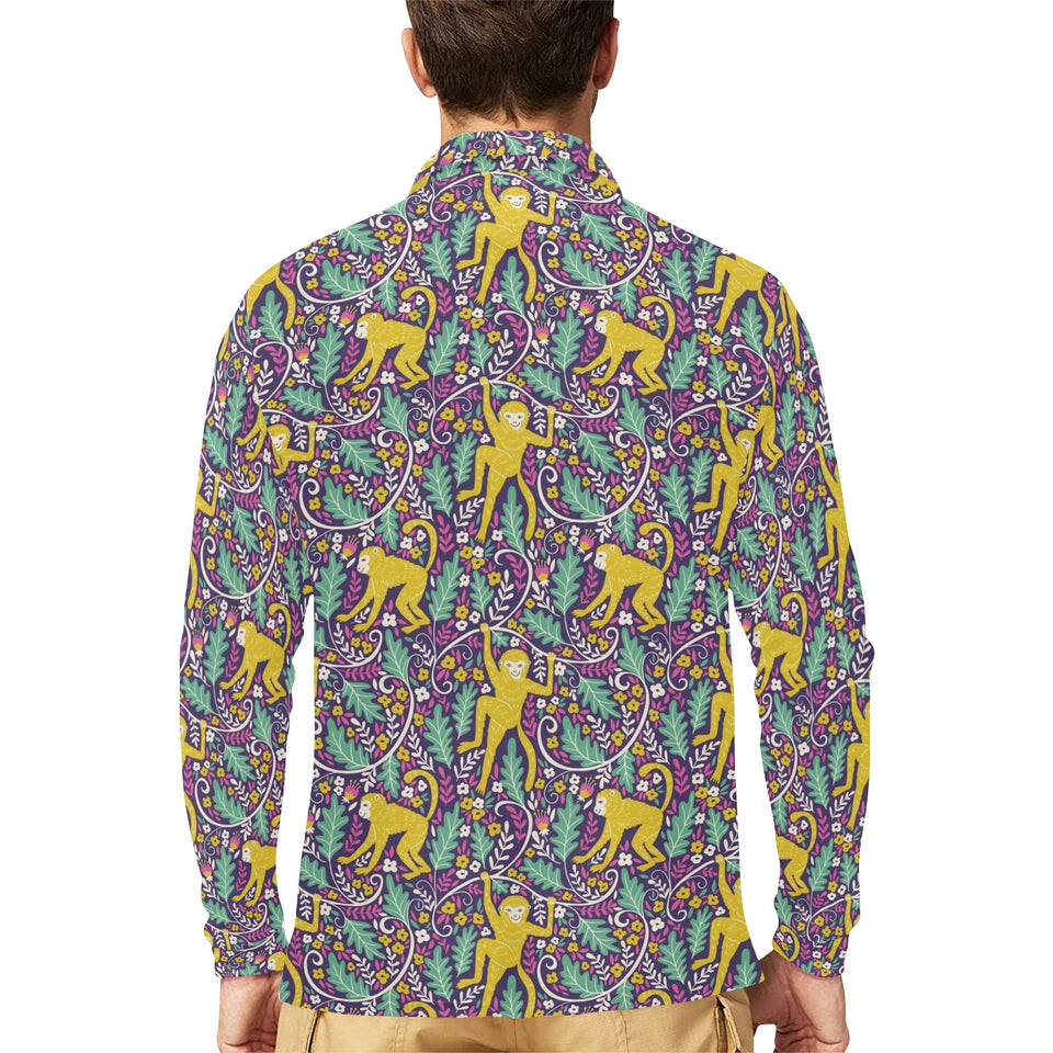 Cute yellow monkey leaves pattern Men's Long Sleeve Polo Shirt