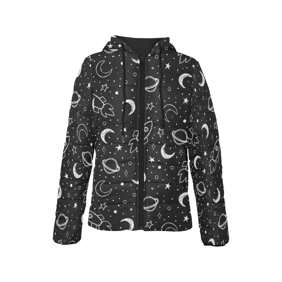 Hand drawn space rocket star planet Women's Padded Hooded Jacket