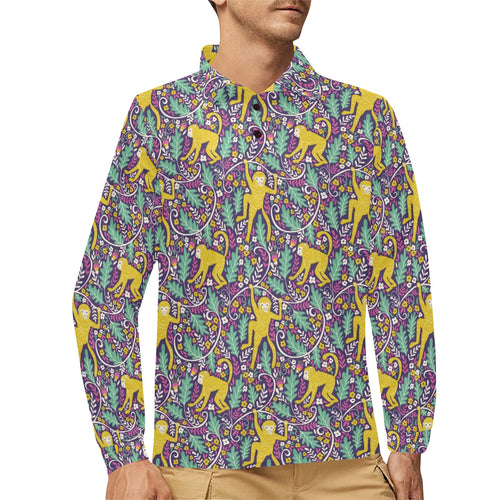 Cute yellow monkey leaves pattern Men's Long Sleeve Polo Shirt