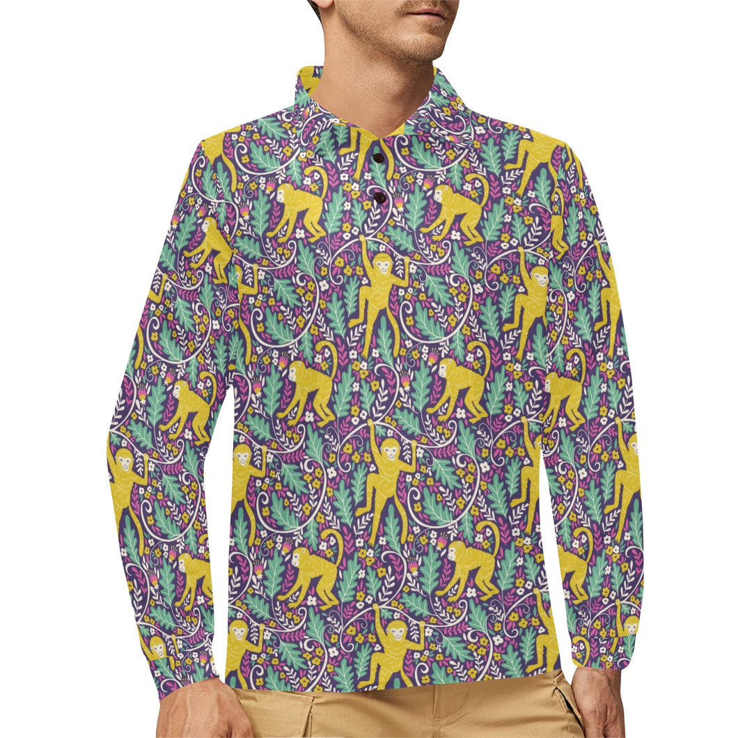 Cute yellow monkey leaves pattern Men's Long Sleeve Polo Shirt