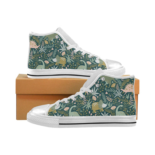 dinosaurs tropical leaves flower pattern Women's High Top Canvas Shoes White