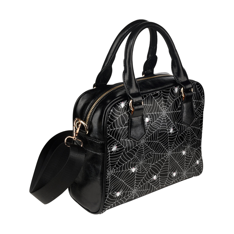 Spider web design pattern Black background white c Shoulder Handbag