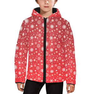 Snowflake pattern red background Kids' Boys' Girls' Padded Hooded Jacket