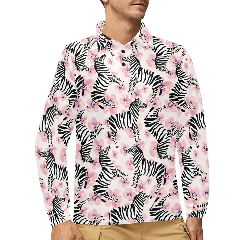 Zebra pink flower background Men's Long Sleeve Polo Shirt