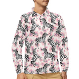 Zebra pink flower background Men's Long Sleeve Polo Shirt
