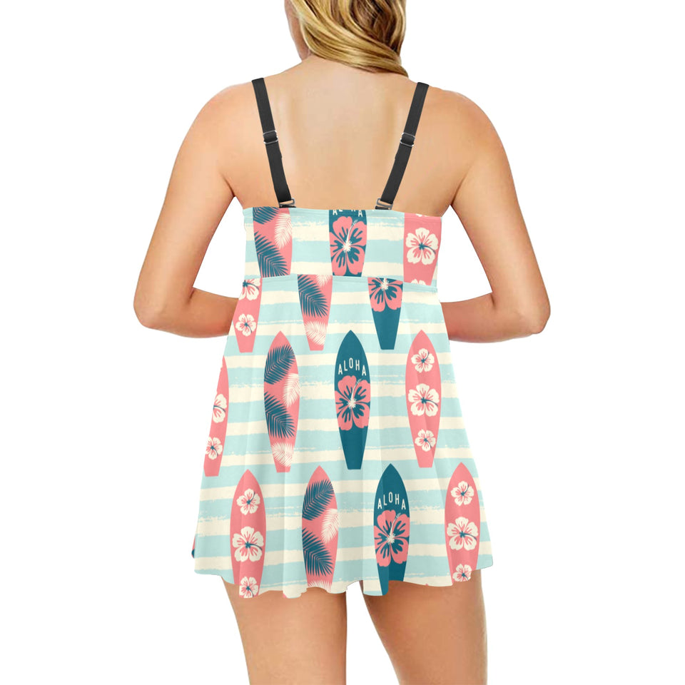 Surfboard Pattern Print Design 02 Chest Sexy Pleated Two Piece Swim Dress
