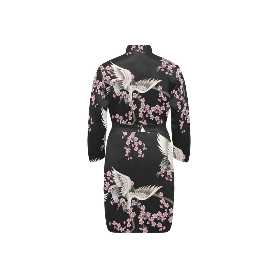 Japanese crane pink sakura pattern Men's Long Sleeve Belted Night Robe