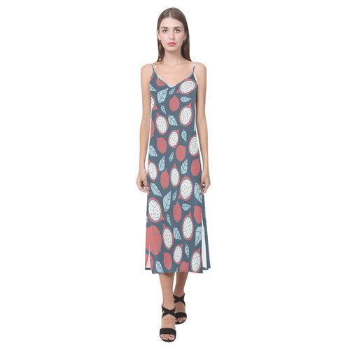 dragon fruits dark blue background V-Neck Open Fork Long Dress