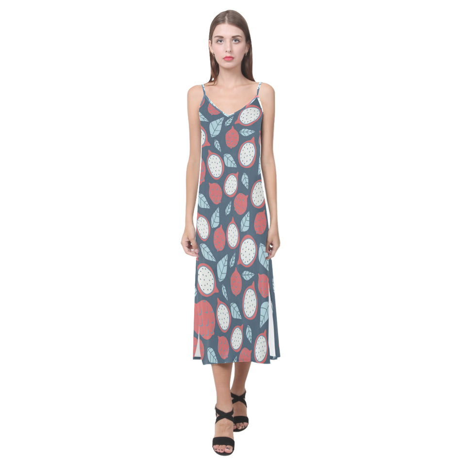 dragon fruits dark blue background V-Neck Open Fork Long Dress