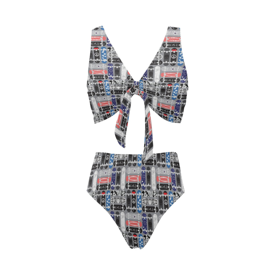 Skate Board Pattern Print Design 04 Chest Bowknot High Waisted Bikini Swimsuit